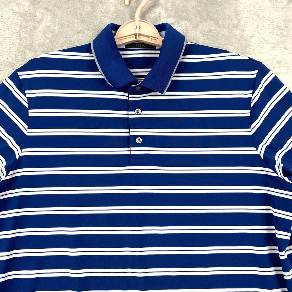 Greyson Polo Shirt Men's L Blue White Striped Golf Active Comfort‎ Stretch